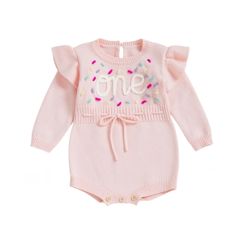 BULINGNA Baby Girl 1st 1/2 Birthday Outfit Long Sleeve Knit Letters Donut Embroidery Romper Sweater Fall Birthday Clothes (One, 12-18 Months) - Image 1