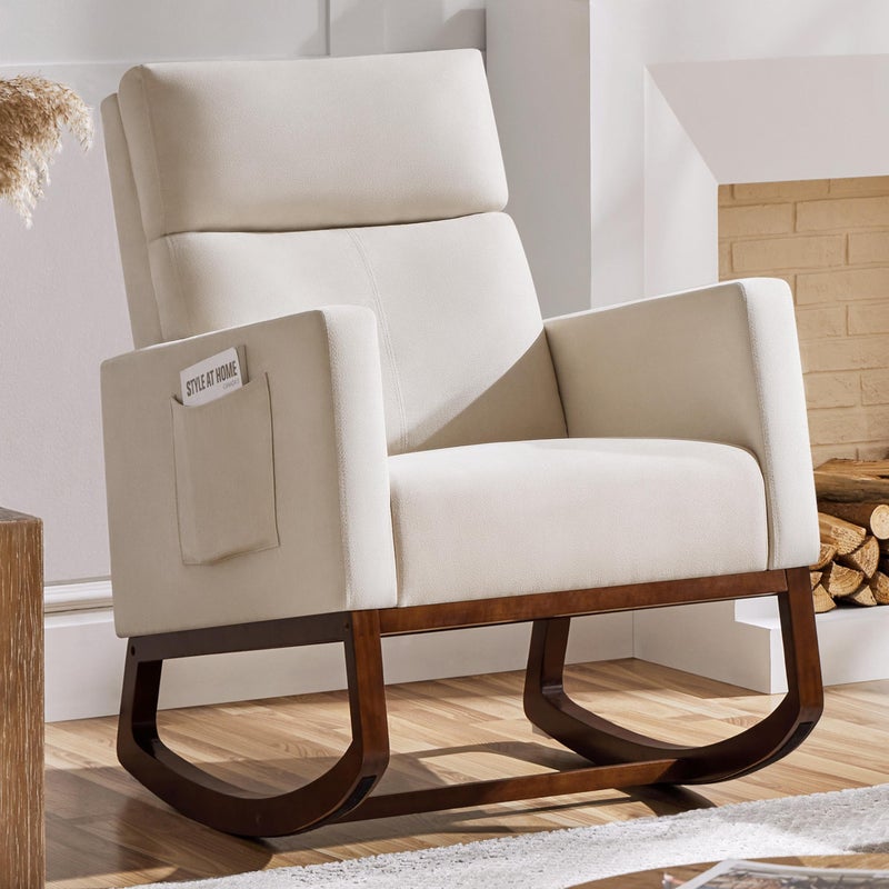 Yaheetech Rocking Chair Modern Glider Chair Recliner Armchair with Wood Legs and Side Pocket Nursery Rocking Accent Chair with High Back for Living Room Bedroom Beige
