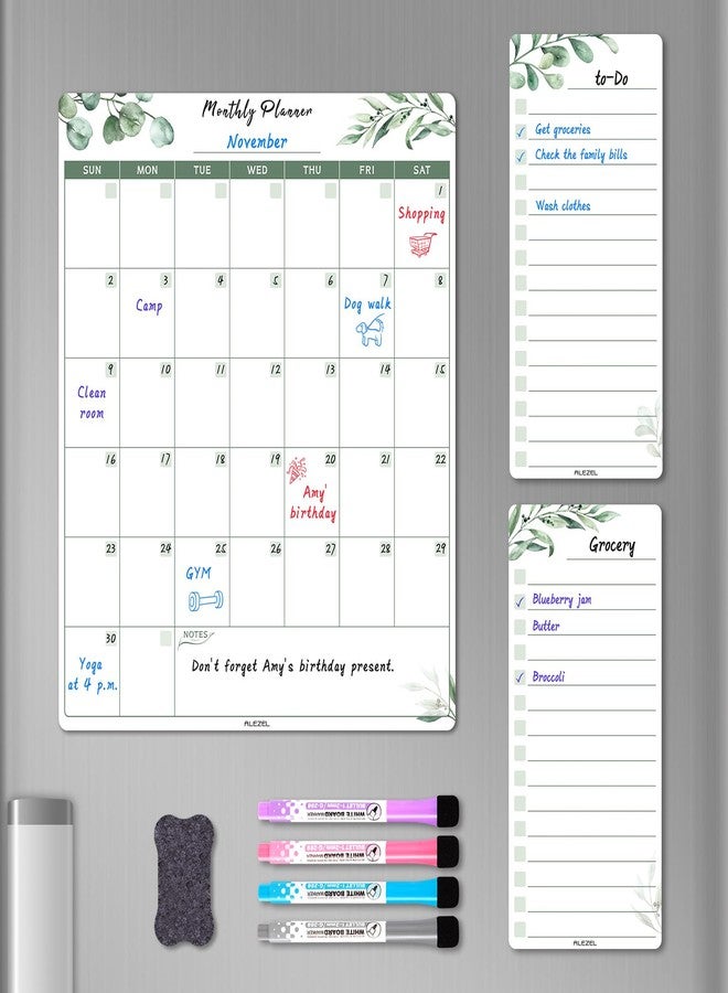 ALEZEL Dry Erase Calendar for Refrigerator, Greenery Magnetic Fridge Calendar Whiteboard - Set of Vertical Monthly Dry Erase Calendar for Fridge & 2 List Board, 4 Markers + Eraser - Image 1
