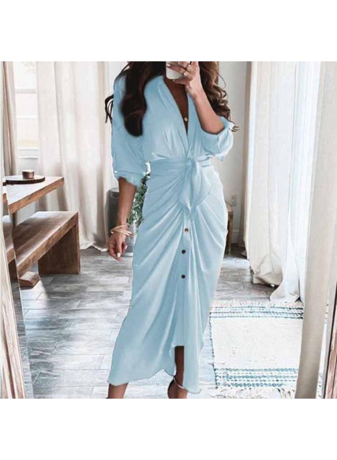 European And American Women's Clothing Hot Summer Long Sleeve V-neck Button Elegant Commuter Shirt Long Dress