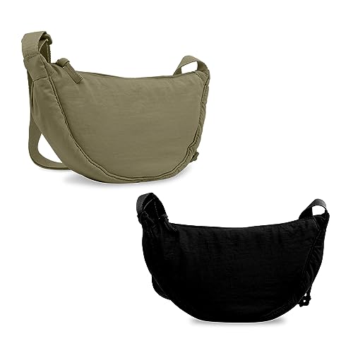 EVGLOW 2 Pcs Nylon Crescent Crossbody Bag for Women Purses Trendy Men,Small Travel Sling Bag Hobo,Lightweight Fanny Pack with Zipper Adjustable Strap,Round Shoulder Pouch Bag for Everyday Use(Black+Green) - Image 1