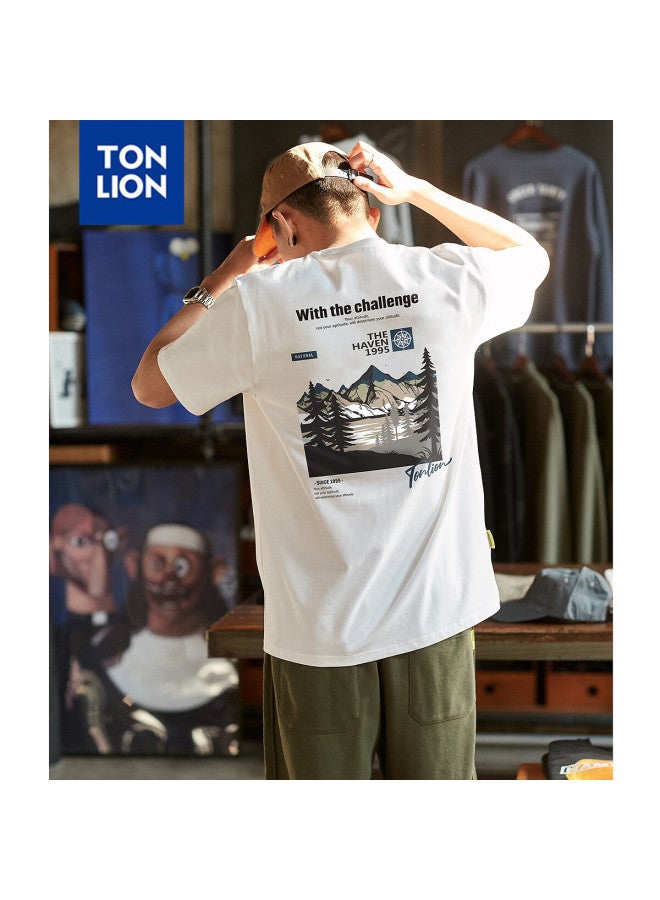 Tonlion Summer Men's T-shirt With Mountain Print On Back, Round Neck Short Sleeve, White, 2XL - Image 1