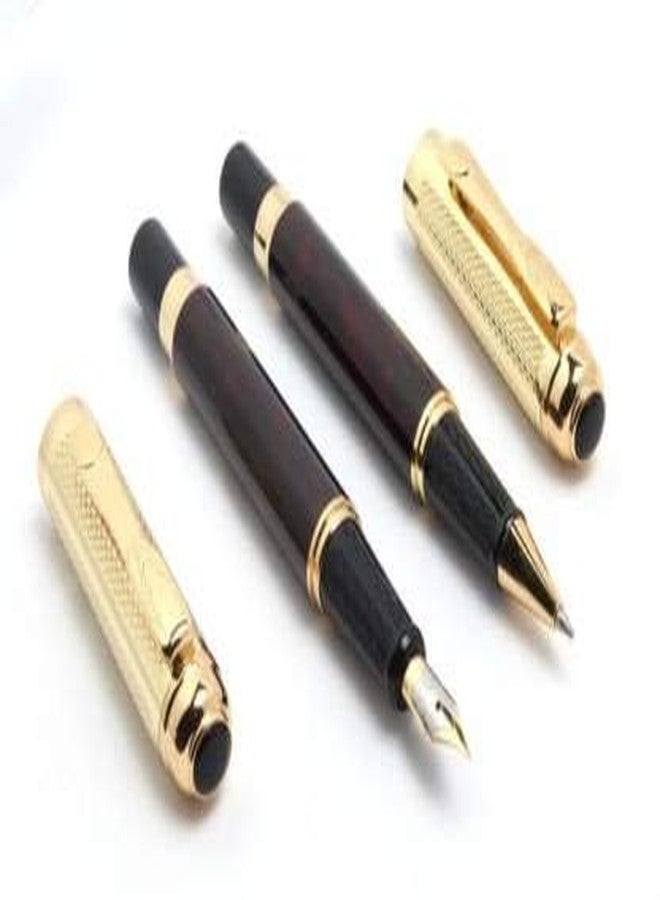 SMART WORLD Excellent Maroon Marble finish Dikawen 821 Golden Cap Fountain & Roller Pen Set (Pack of 2) Pen Gift Set - Image 1