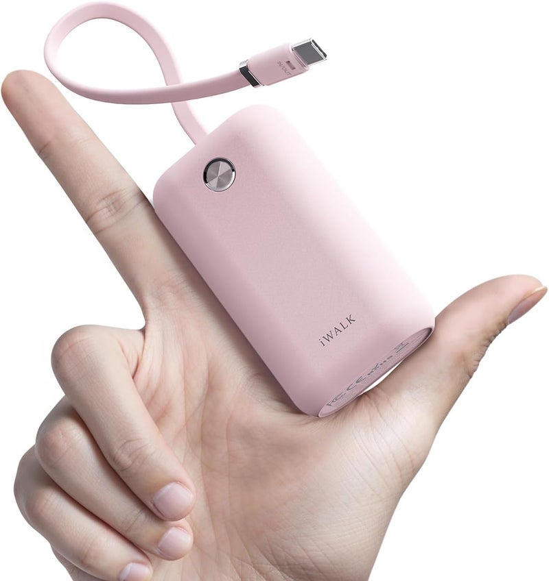 Mini Portable Charger 10000mAh, 22.5W USB-C Power Bank with Built-in Cable, Ultra Compact Travel Companion for iPhone 17/16/15 17 Pro Max, Samsung and Google Devices, Pink