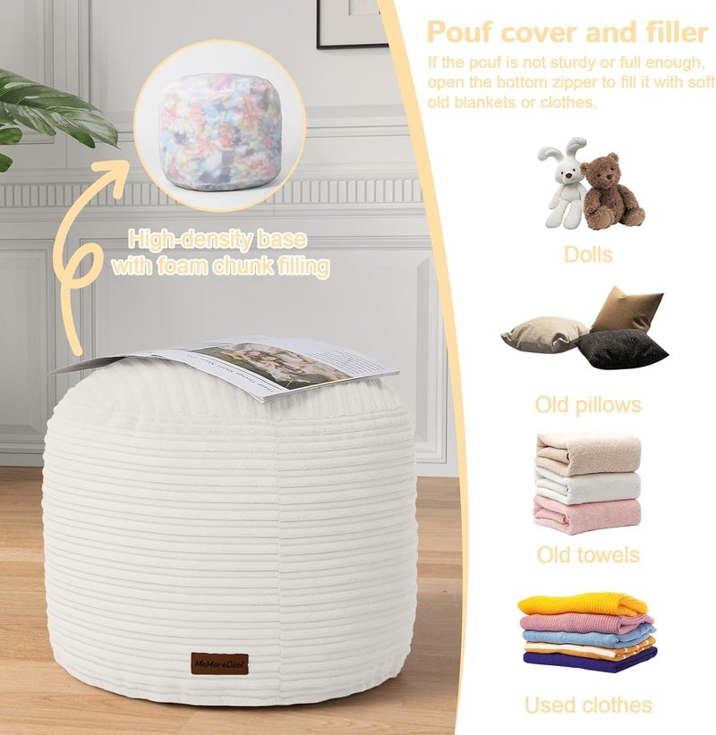 MeMoreCool Stuffed Round Pouf Ottoman Foot Rest, Soft Plush Floor Pouf Foot Stool, Corduray Footstool Footrest, Small Round Ottoman for Living Room Couch Sofa Chair, 20x15 Inch Beige - Image 4