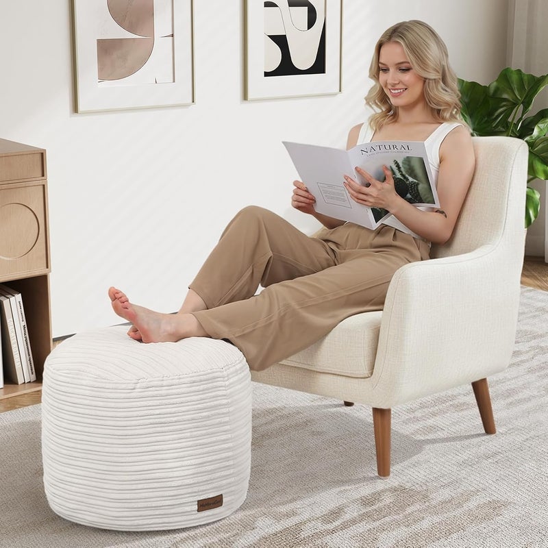 MeMoreCool Stuffed Round Pouf Ottoman Foot Rest, Soft Plush Floor Pouf Foot Stool, Corduray Footstool Footrest, Small Round Ottoman for Living Room Couch Sofa Chair, 20x15 Inch Beige - Image 2