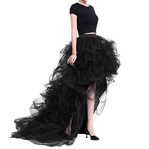 WDPL Women's Long High Low Skirts Maxi Ruffles Birthday Party Tulle Skirt (Black, Large) - Image 1