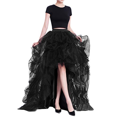 WDPL Women's Long High Low Skirts Maxi Ruffles Birthday Party Tulle Skirt (Black, Large) - Image 3