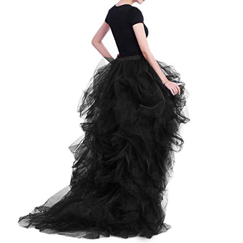 WDPL Women's Long High Low Skirts Maxi Ruffles Birthday Party Tulle Skirt (Black, Large) - Image 4