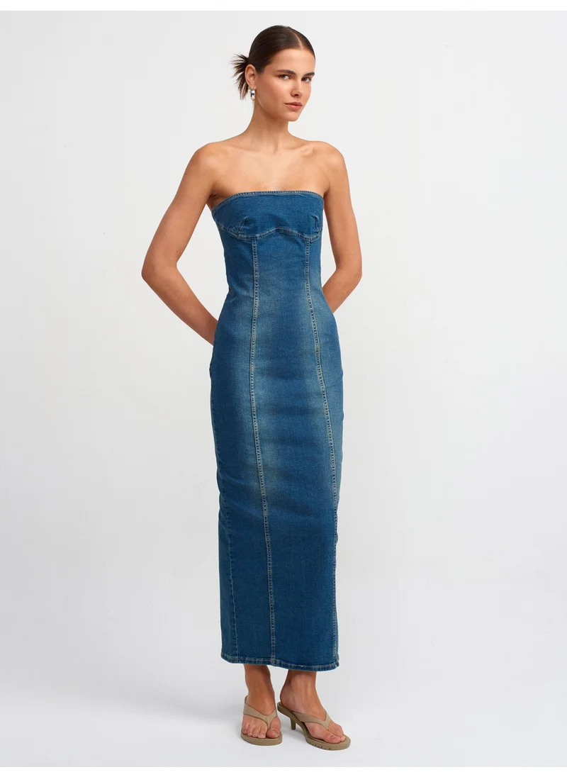 ديلفين 90535 Lycra Long Strapless Denim Dress-Tint