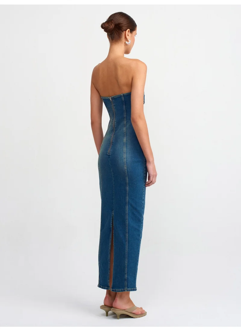 ديلفين 90535 Lycra Long Strapless Denim Dress-Tint