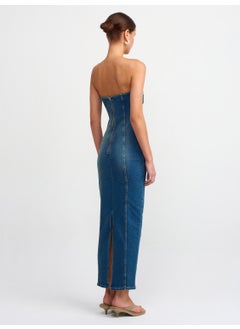 Dilvin 90535 Lycra Long Strapless Denim Dress-Tint  - Image 2