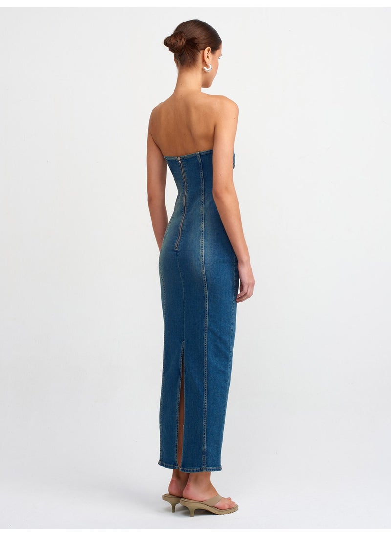 Dilvin 90535 Lycra Long Strapless Denim Dress-Tint  - Image 2