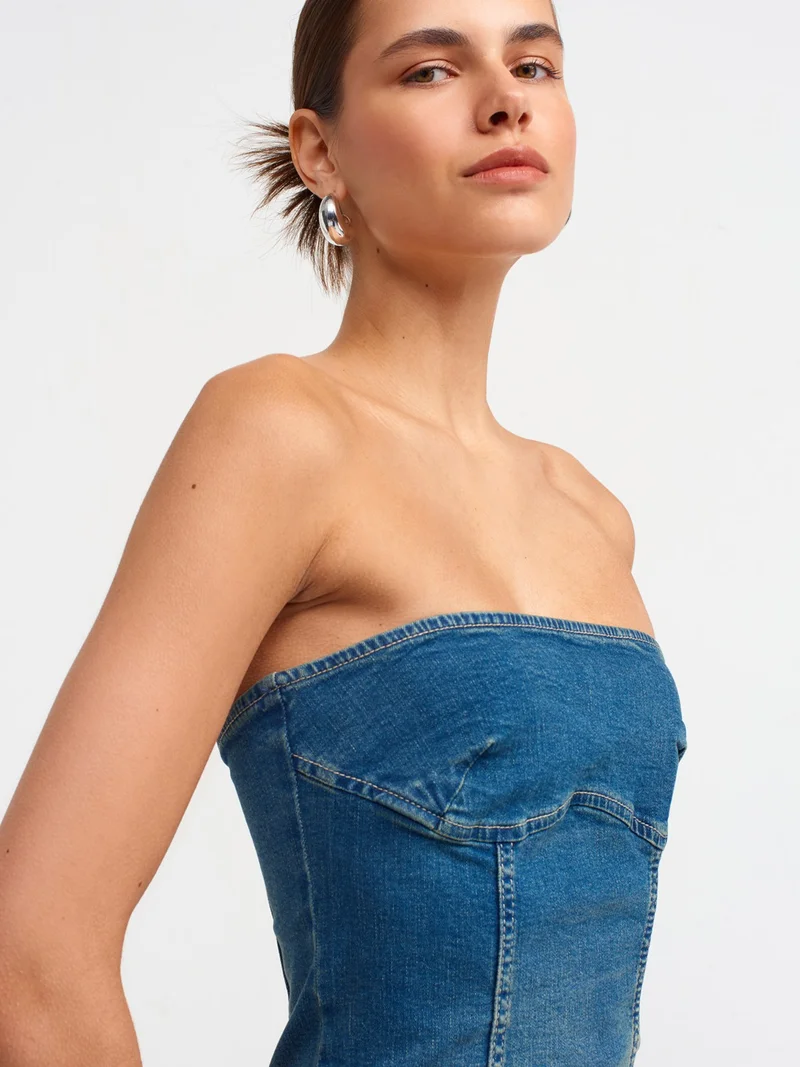 Dilvin Denim Strapless Midi Dress