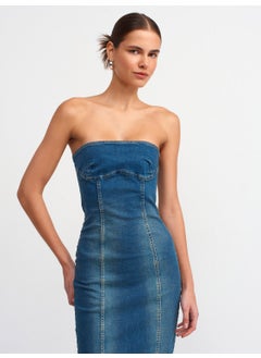 Dilvin 90535 Lycra Long Strapless Denim Dress-Tint  - Image 4