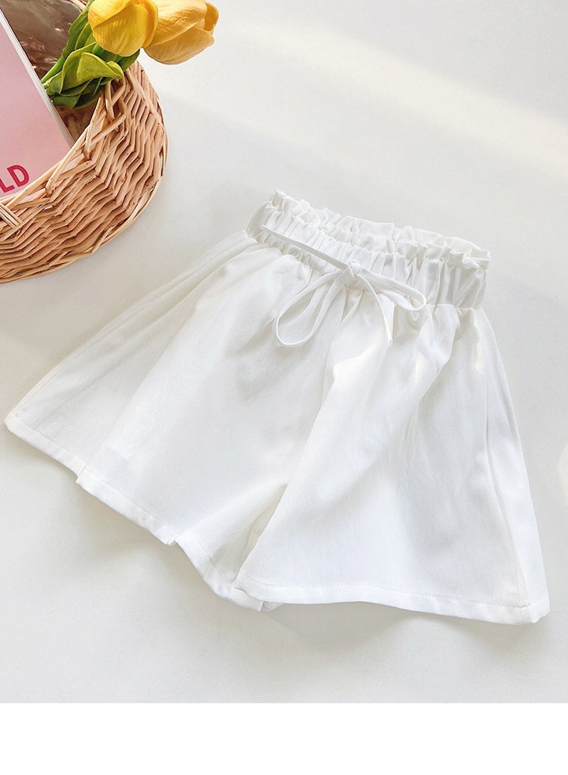 Loquat Girls Solid Color Elastic Waist Wide Leg Shorts Summer Casual Wear White  - Image 1