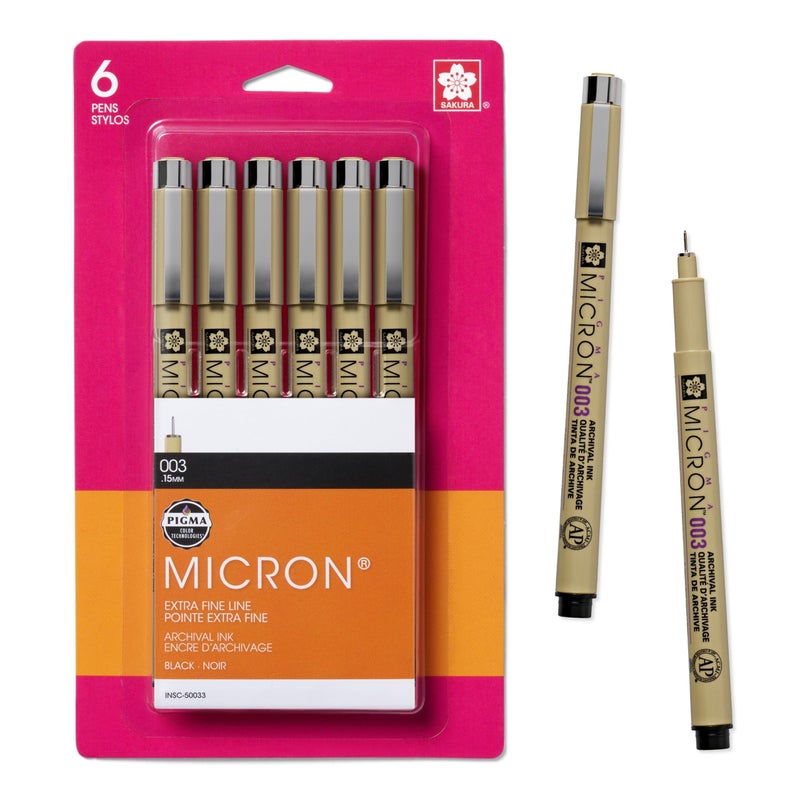 SAKURA Pigma Micron Fineliner Pens, 003 Tip Size, Archival Black Ink, 6PK 50033 - Image 1