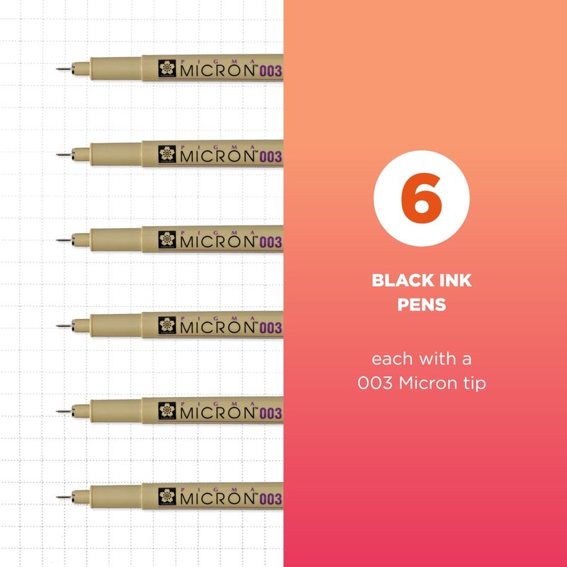 SAKURA Pigma Micron Fineliner Pens, 003 Tip Size, Archival Black Ink, 6PK 50033 - Image 2