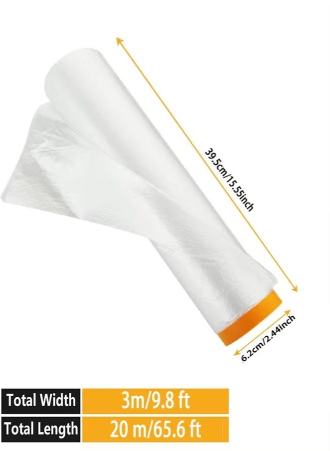 Monda 2 Roll Pre-Taped Masking Film, Plastic Dust Proof Paint Protective Film,Waterproof Transparent Masking Film and Tape, Paint Masking Film for Furniture Wall Car Carpet (3 M x 20 M/9.8 FT x 65.5 FT) - Image 2