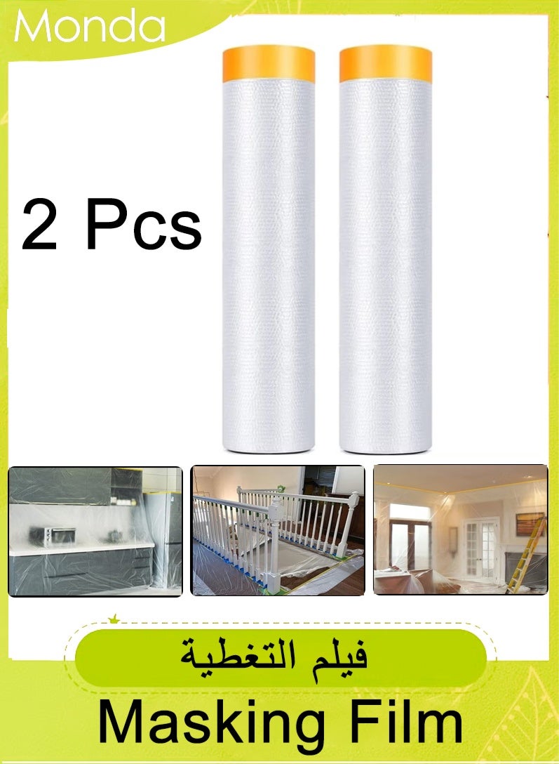 Monda 2 Roll Pre-Taped Masking Film, Plastic Dust Proof Paint Protective Film,Waterproof Transparent Masking Film and Tape, Paint Masking Film for Furniture Wall Car Carpet (3 M x 20 M/9.8 FT x 65.5 FT) - Image 1