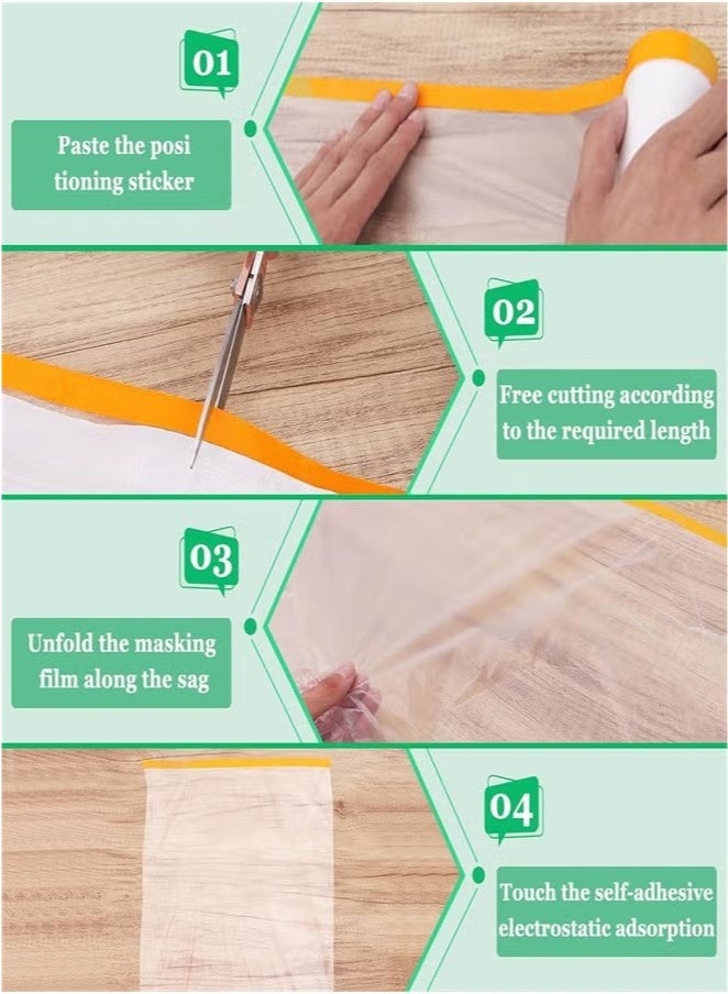 Monda 2 Roll Pre-Taped Masking Film, Plastic Dust Proof Paint Protective Film,Waterproof Transparent Masking Film and Tape, Paint Masking Film for Furniture Wall Car Carpet (3 M x 20 M/9.8 FT x 65.5 FT) - Image 3
