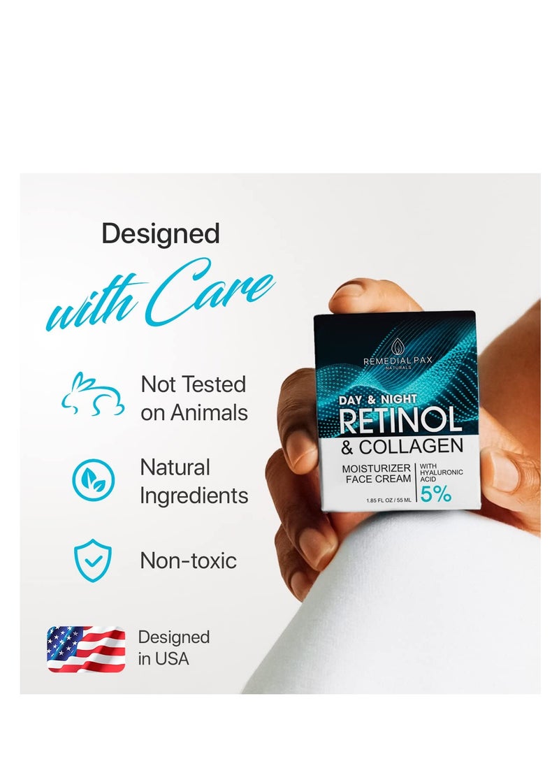 REMEDIAL PAX - كريم الريتينول للوجه، مرطب مضاد للشيخوخة للوجه للنساء والرجال، كريم نهاري وليلي للوجه مع الكولاجين وحمض الهيالورونيك وكريم مضاد للتجاعيد 1.85 أونصة سائلة - Image 1