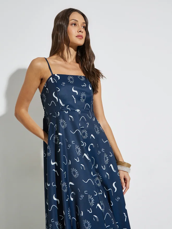 Styli Styli Navy Blue Strappy Printed A-Line Maxi Dress