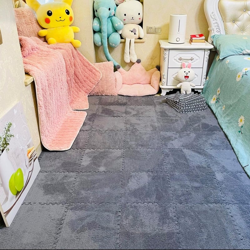 HUIDUO 16 Pcs Carpet Foam Floor Tiles Kids Play Mat Plush Interlocking Carpet Tiles Anti-Slip Soft Protect Baby Foam Mats Replaceable Washable Puzzle Floor Mats for Playroom, Bedroom, Home Decor, 49" x 49" - Image 5