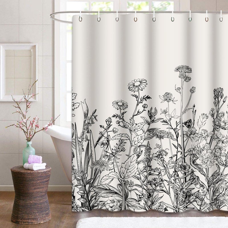 Emvency Emvency Shower Curtain Floral Border Herbs and Wild Flowers Botanical Vintage Engraving Light Grey Background Black Waterproof Polyester Fabric 60 x 72 Inches Set with Hooks 