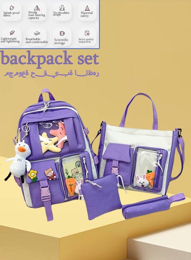 5 Pcs School Book Bag Set Duck Pendant Canvas Combo School Backpack Bag Girl Student Tote Crossbody Daypack Boy Pencil Case Girls schoolbag School Shoulder Bags(Purple)  - Image 1