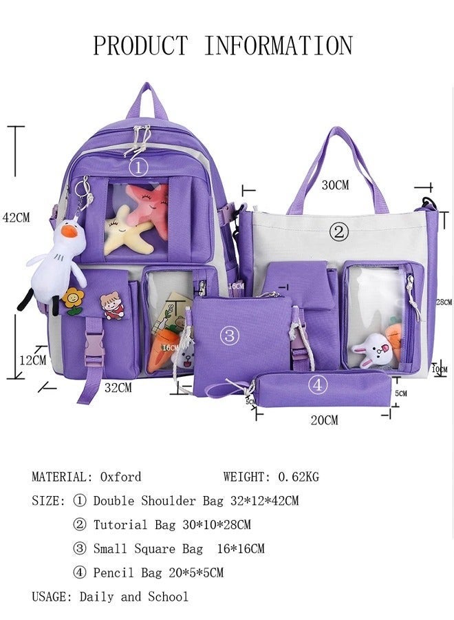 5 Pcs School Book Bag Set Duck Pendant Canvas Combo School Backpack Bag Girl Student Tote Crossbody Daypack Boy Pencil Case Girls schoolbag School Shoulder Bags(Purple)  - Image 2