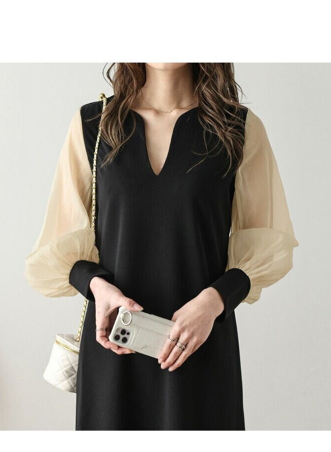 chiffon sleeve one piece pierce slit neck long sleeve long dress ﻿ - Image 1