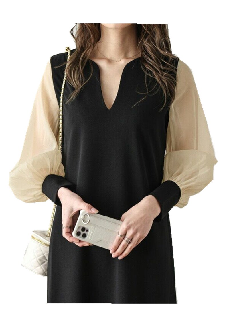 chiffon sleeve one piece pierce slit neck long sleeve long dress ﻿ - Image 3