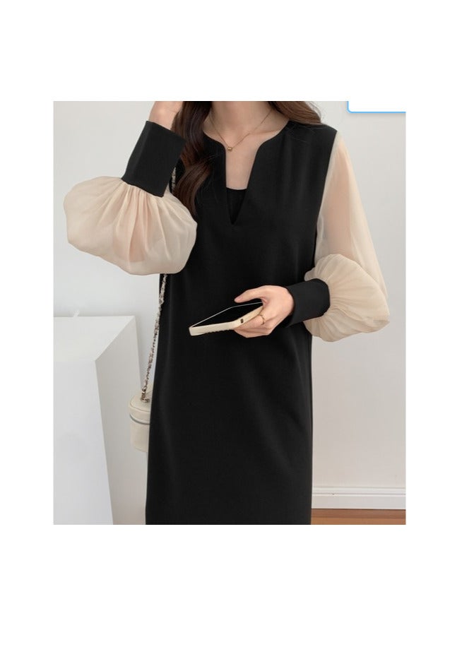 chiffon sleeve one piece pierce slit neck long sleeve long dress ﻿ - Image 5