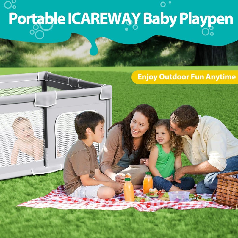 ICAREWAY سياج لعب قابل للطي من ICAREWAY للأطفال والرضع، 50x50 بوصة، سياج لعب محمول، سياج لعب قابل للطي للأطفال مع 2 مقبض، منطقة لعب داخلية وخارجية مع شبكة مرئية، رمادي فاتح - Image 3