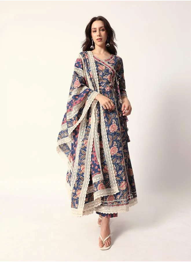 آي شين Women's Blue Cotton Textured Tunic Full Palazzo Regular Fit Kurta Set