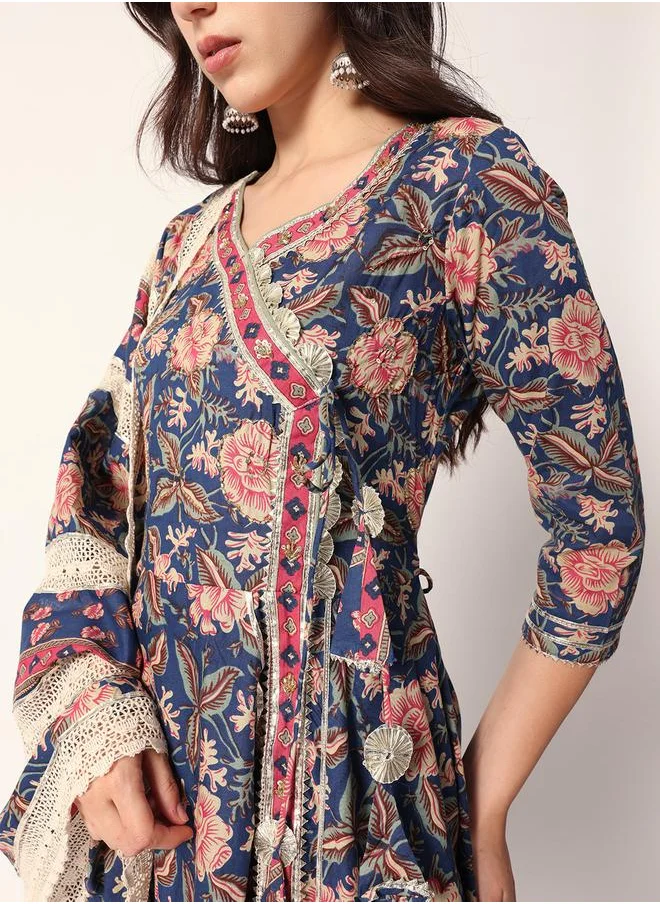 آي شين Women's Blue Cotton Textured Tunic Full Palazzo Regular Fit Kurta Set