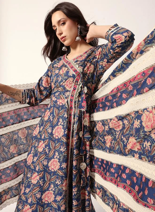 ISHIN Women's Blue Cotton Textured Tunic Full Palazzo Regular Fit Kurta Set