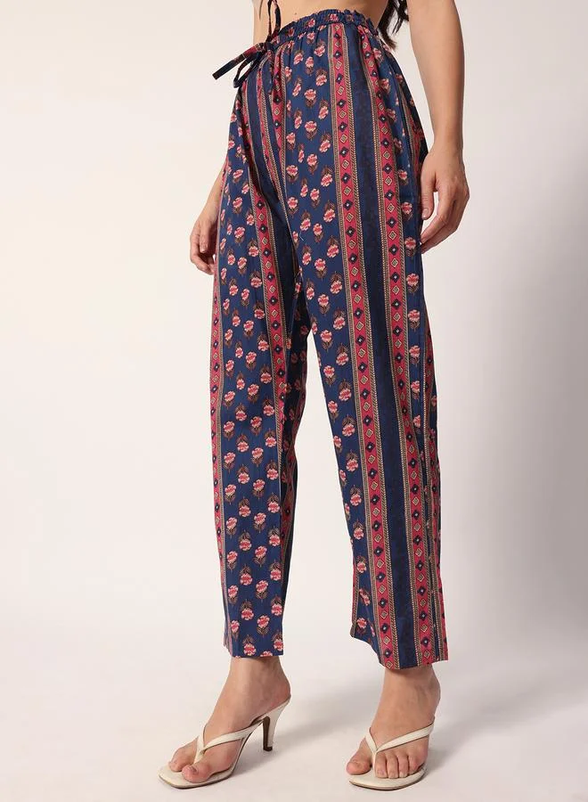 ISHIN Women's Blue Cotton Textured Tunic Full Palazzo Regular Fit Kurta Set