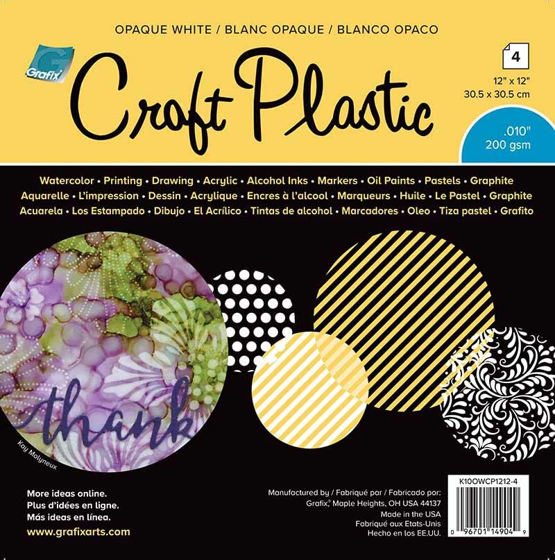 Grafix Opaque Craft Plastic â€“ Opaque .010â€ Craft Plastic Film, Durable and Flexible Film, Perfect for DIY Crafts, Mixed Media, Fluid Art, Watercolors, and Stamping White, 12 x12â€, Pack of 4 - Image 1