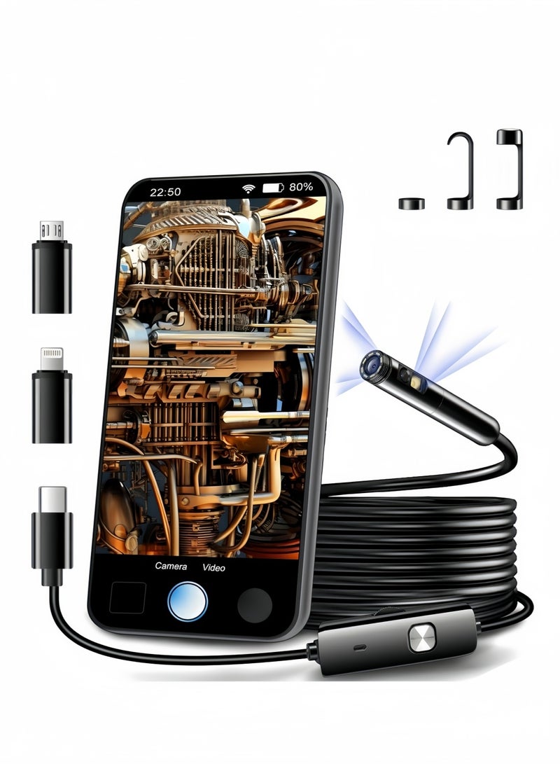 Endoscope Inspection Camera, HD Lens Borescope, IP67 Waterproof with 16.5FT Semi-Rigid Cable, Inspection Camera with LED Lights – Compatible with Android & iOS - Image 1
