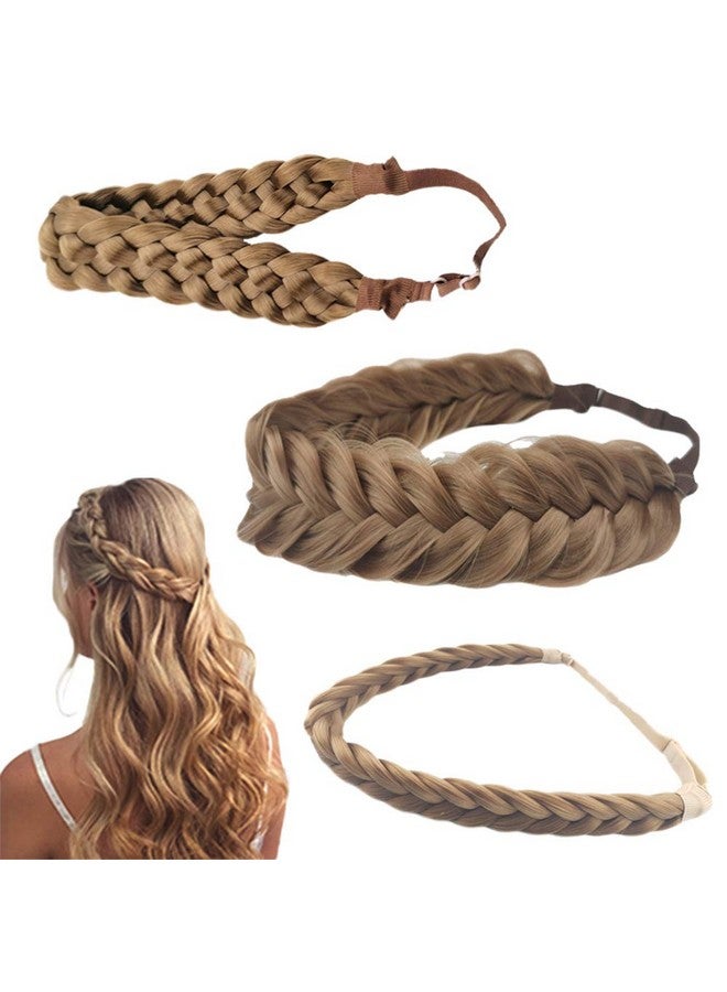 Hann 3 Pieces 5 Strands Synthetic Hair Braided Headband Classic Chunky Wide Plaited Braids Elastic Stretch Hair Piece Women Girl Beauty Accessory (Light Brown) - Image 1