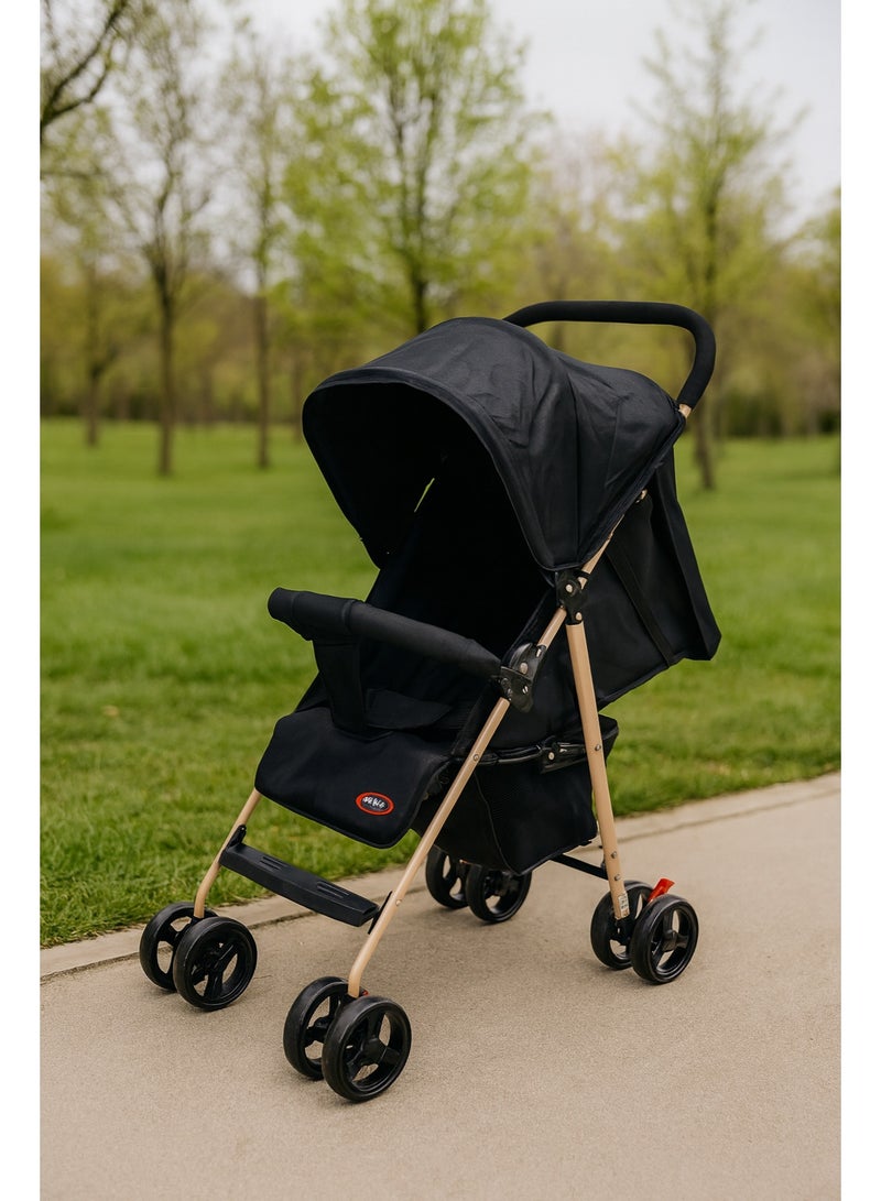SMR Kids Foldable Stroller, Lightweight Metal Frame, Ergonomic Double Wheel Design, with Sunshade, Safety Belt, Bottom Storage Basket (Black) - Image 1