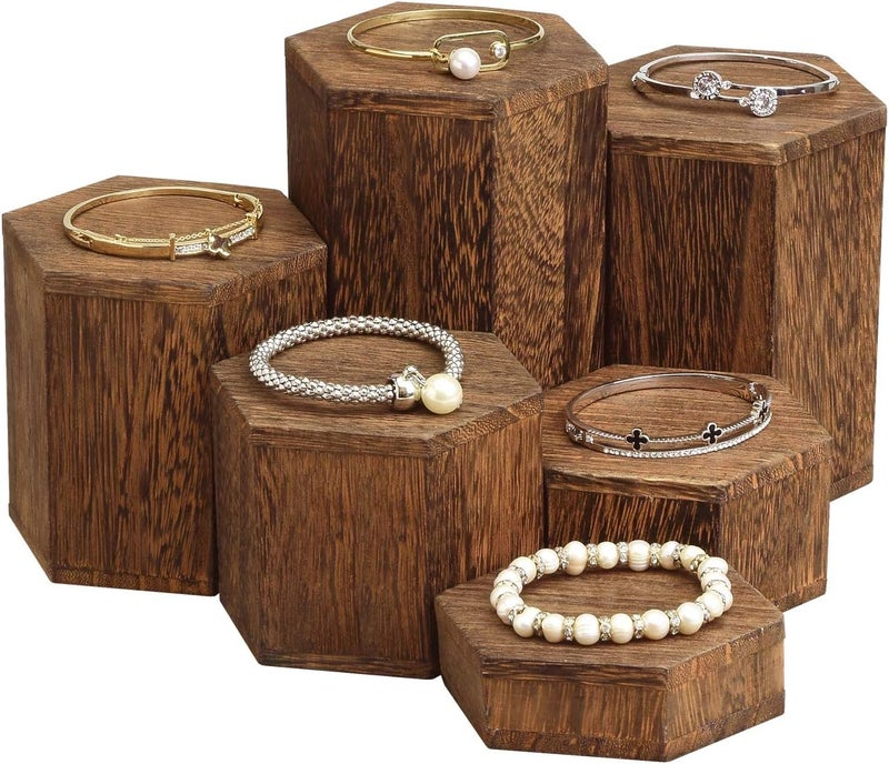 Mooca Wooden 6 Pcs Hexagon Risers for Display Jewelry and Accessories Display Stand, Brown - Image 1