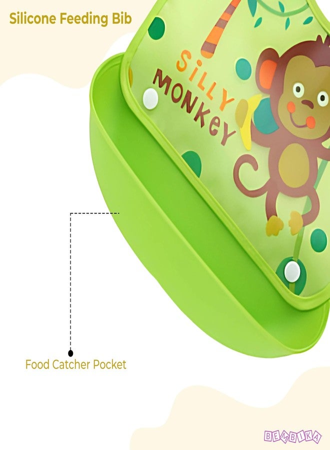 BEMBIKA Baby Feeding Essential Baby Feeding Bib Silicone Tableware Waterproof, Washable Lightweight And Ideal For Feeding Baby & Toddlers-(Monkey Green) - Image 2