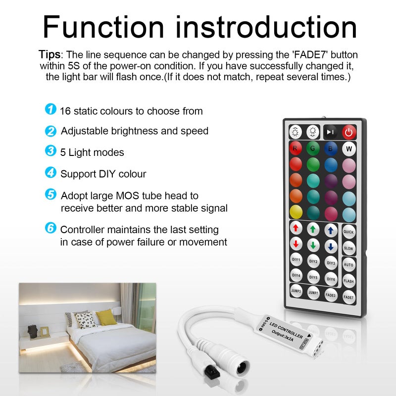 VIPMOON 44 Key IR RGB LED Strip Light Remote Controller, DC 5V-24V 4PIN Wireless Led Light Remote Replacement for SMD 5050 3528 2835 Adjust Speed/Brightness/Color - Image 2