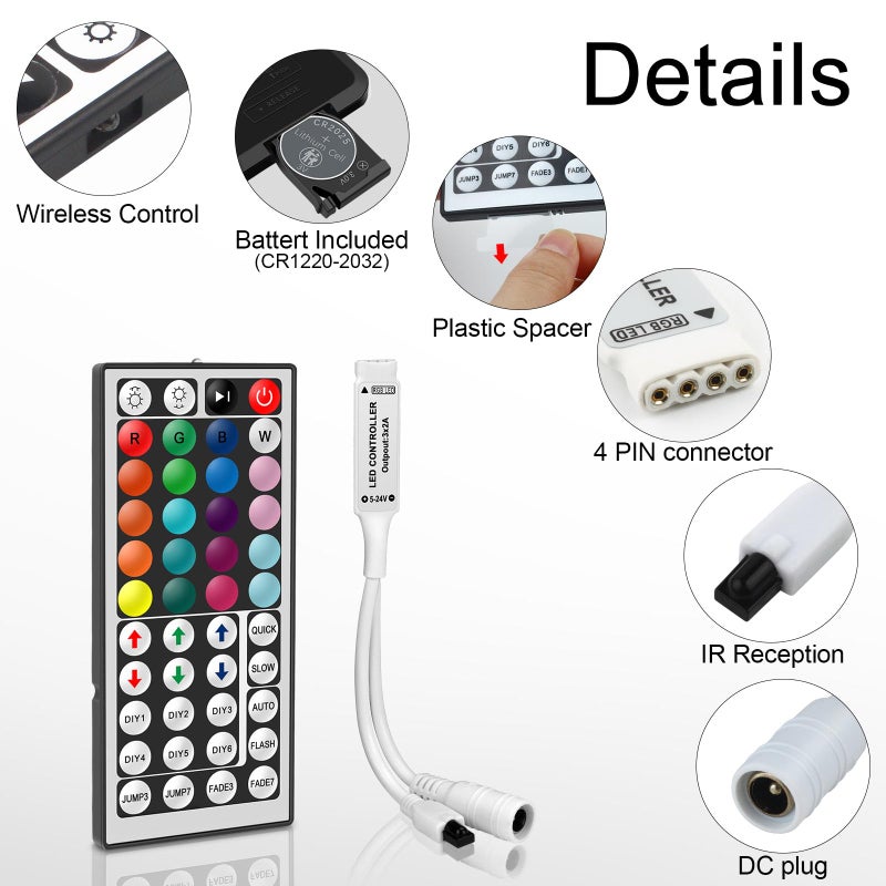 VIPMOON 44 Key IR RGB LED Strip Light Remote Controller, DC 5V-24V 4PIN Wireless Led Light Remote Replacement for SMD 5050 3528 2835 Adjust Speed/Brightness/Color - Image 4