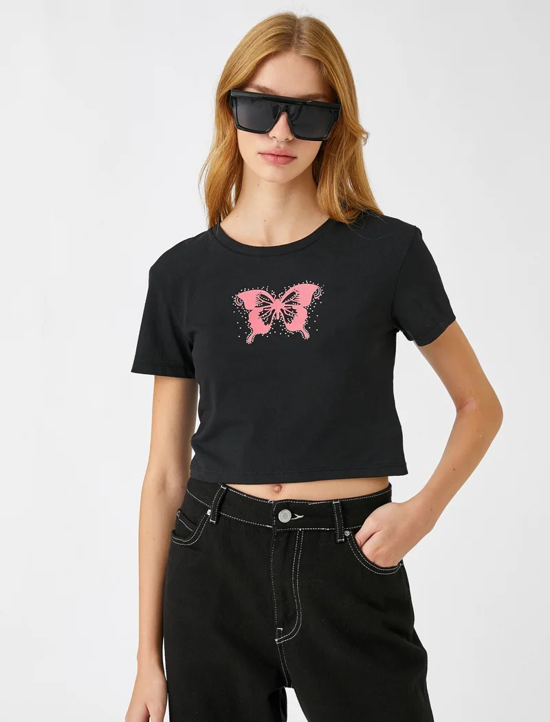 KOTON Crop T-Shirt Printed Short Sleeve