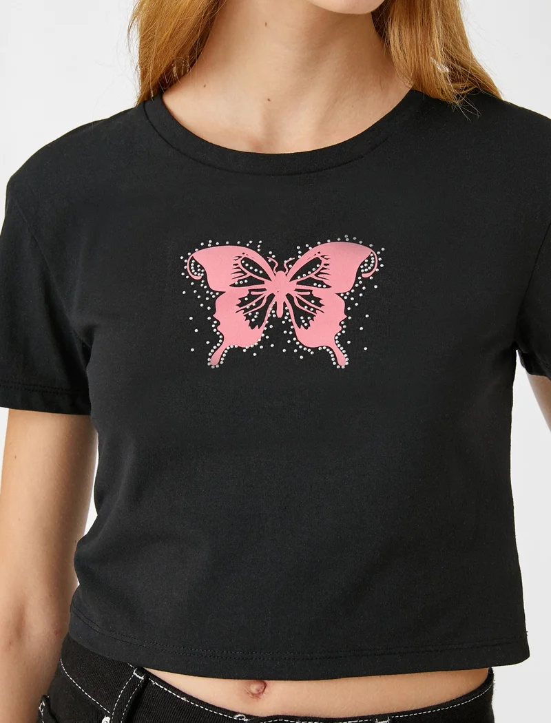 KOTON Crop T-Shirt Printed Short Sleeve