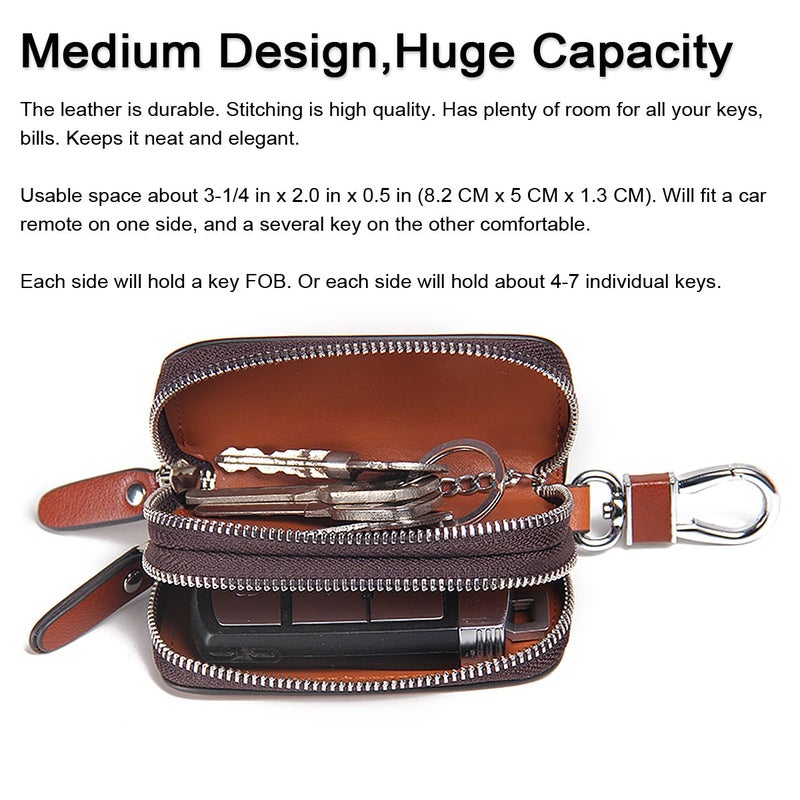 CONTACTS Car Key Case Keychain Holder Leather Metal Hook and Keyring Double Zipper Key Holder - Image 2